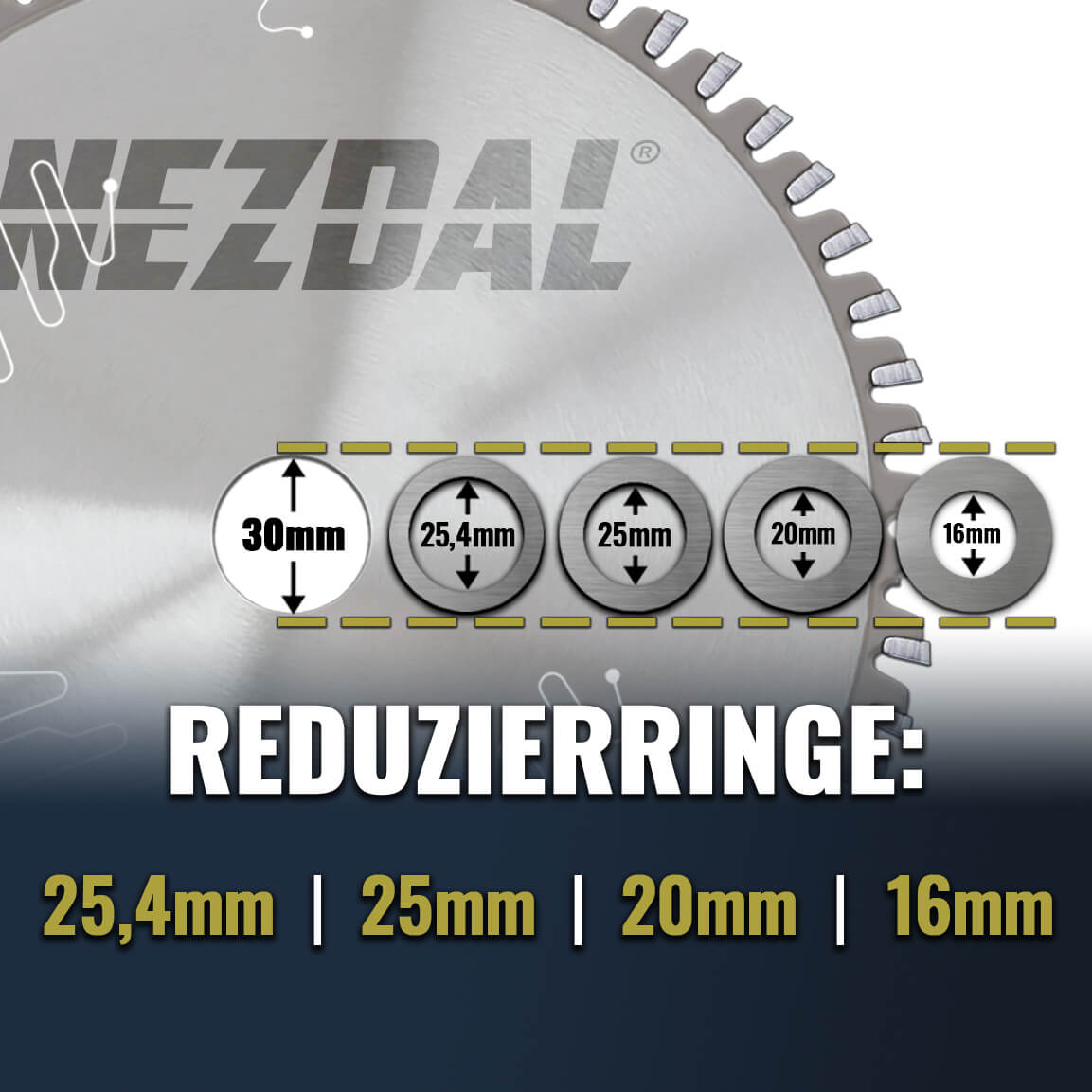 Reduzierringe 30-25,4-25-20-16 mm für 254 mm Sägeblatt